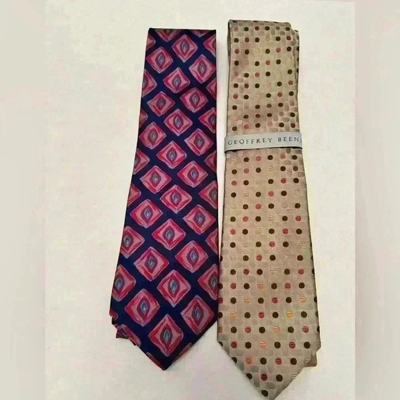 NWT Lot Of 2 Geoffrey Beene Ties Silk-Tan With Polka Dots, Blue With Red Design - Picture 1 of 11